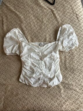 Reformation White Puff-Sleeve Ruched Square Neck Top
